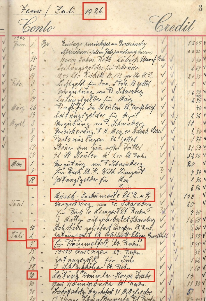 Älteste Dokumentation über das Bestehen des Spielmannszuges (Trommler-Korps) als Sparte des Sportvereins im Kassenbuch des TSV Lütjensee vom 18.05.1926
